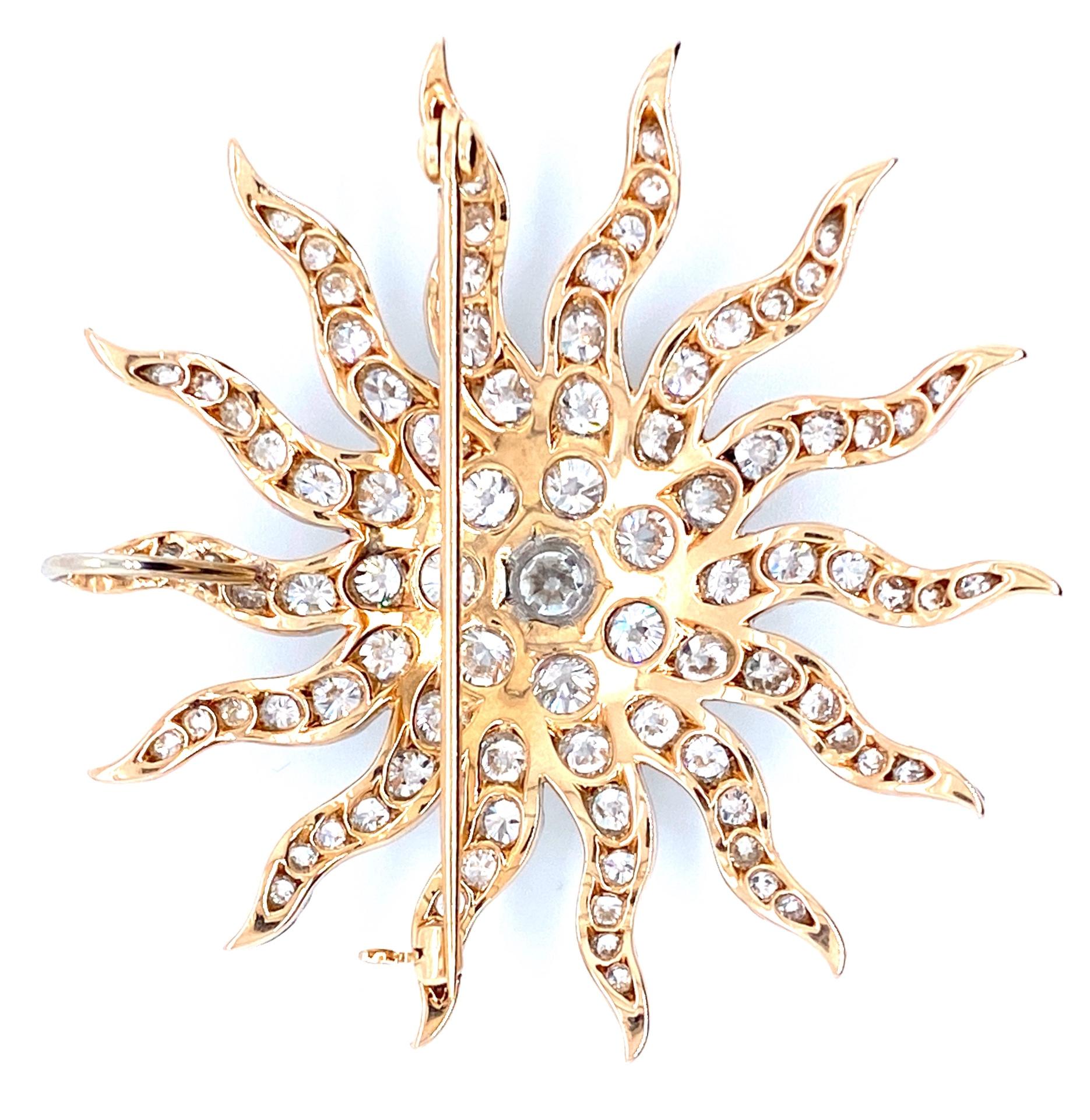 Art Nouveau 9.18 Carat Antique Diamond Sunburst Brooch/Pendant Platinum/14 Karat