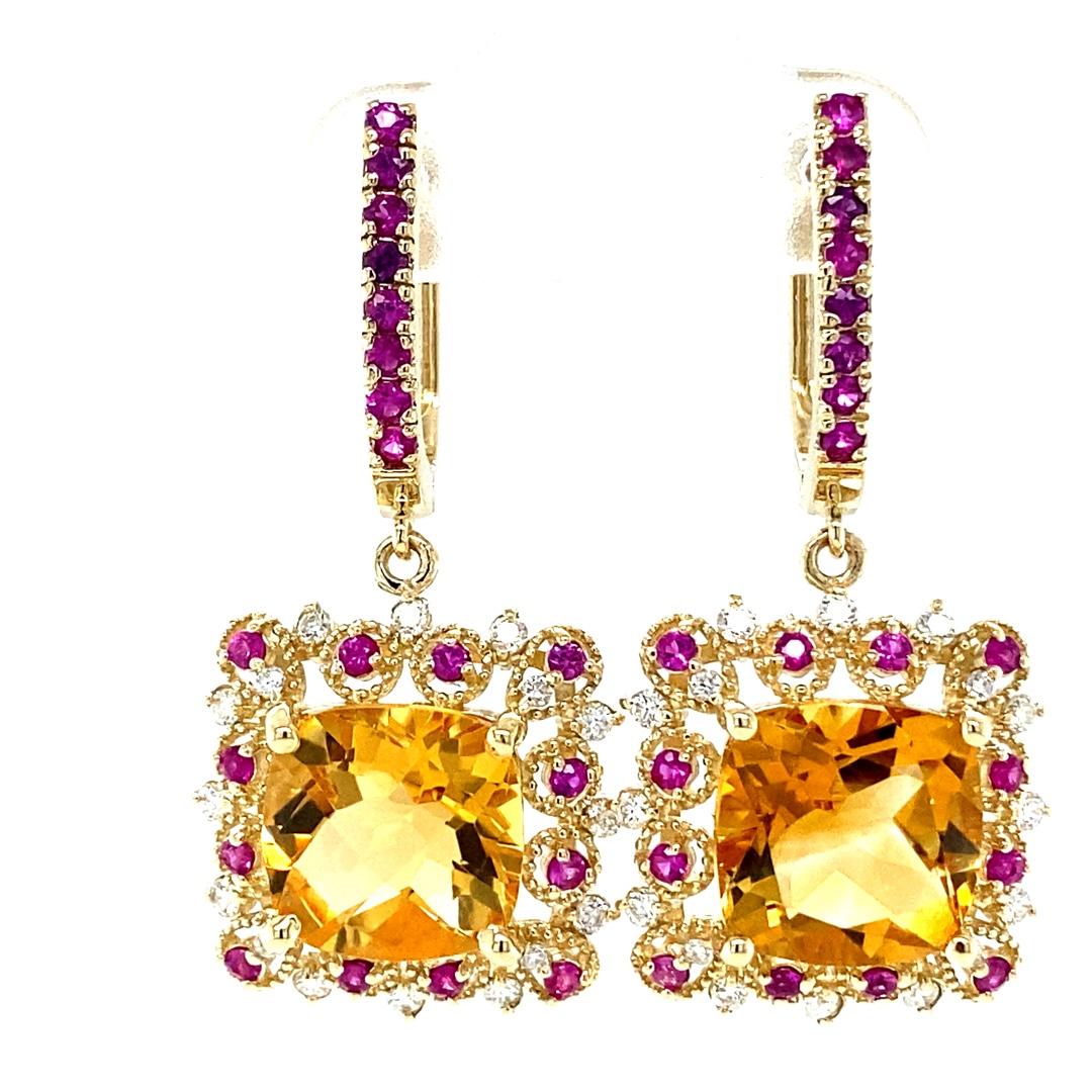 Boucles d'oreilles pendantes en or jaune 9.19 carats Citrine Saphir rose Diamant Neuf - En vente à Los Angeles, CA