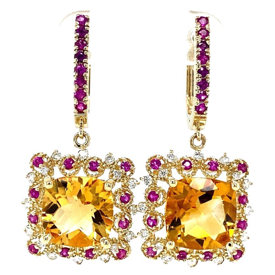 Boucles d'oreilles pendantes en or jaune 9.19 carats Citrine Saphir rose Diamant 