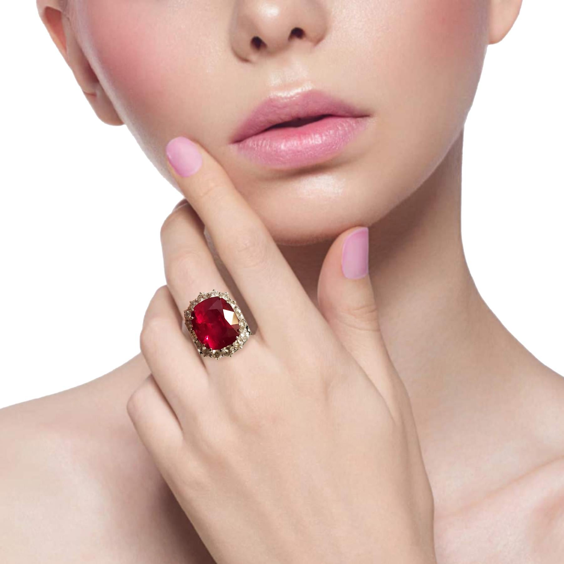 Cushion Cut 9.19 Carat Cushion-Cut Ruby and Diamond Gold  Engagement Ring (Glass-filled) For Sale
