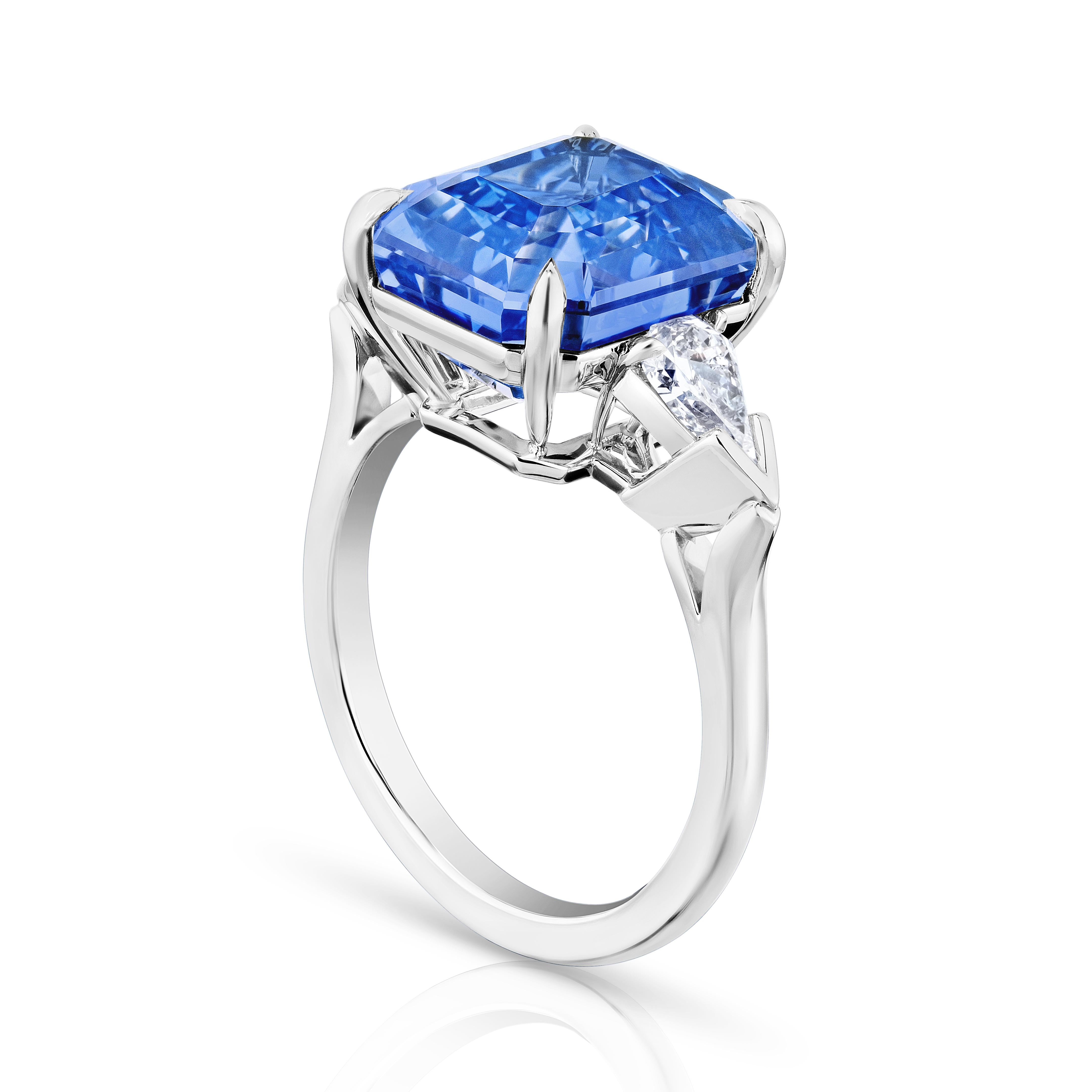 9.19 Carat Emerald Blue Sapphire with Shield Diamonds .54 Carats set in a Platinum Ring