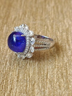 9.19 carats, Tanzanite Cabochon & Rose Cut Diamonds Cocktail/ Engagement Ring