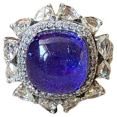 9.19 carats, Tanzanite Cabochon & Rose Cut Diamonds Cocktail/ Engagement Ring