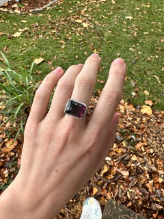 9.19ct Bi-Color Tourmaline Ring w Natural Diamond Halo in Solid 14k White gold