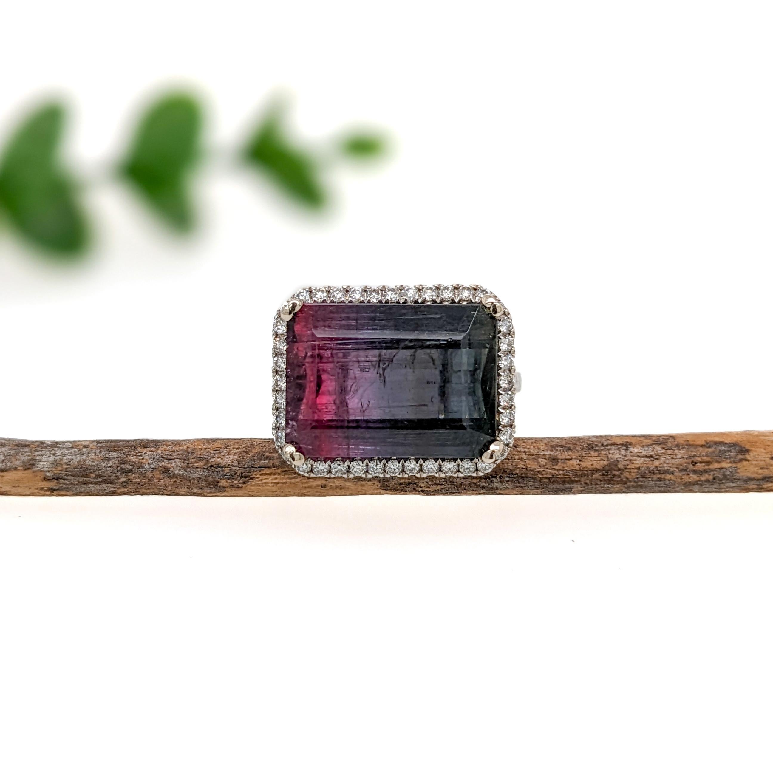 Art Deco 9.19ct Bi-Color Tourmaline Ring w Natural Diamond Halo in Solid 14k White gold For Sale