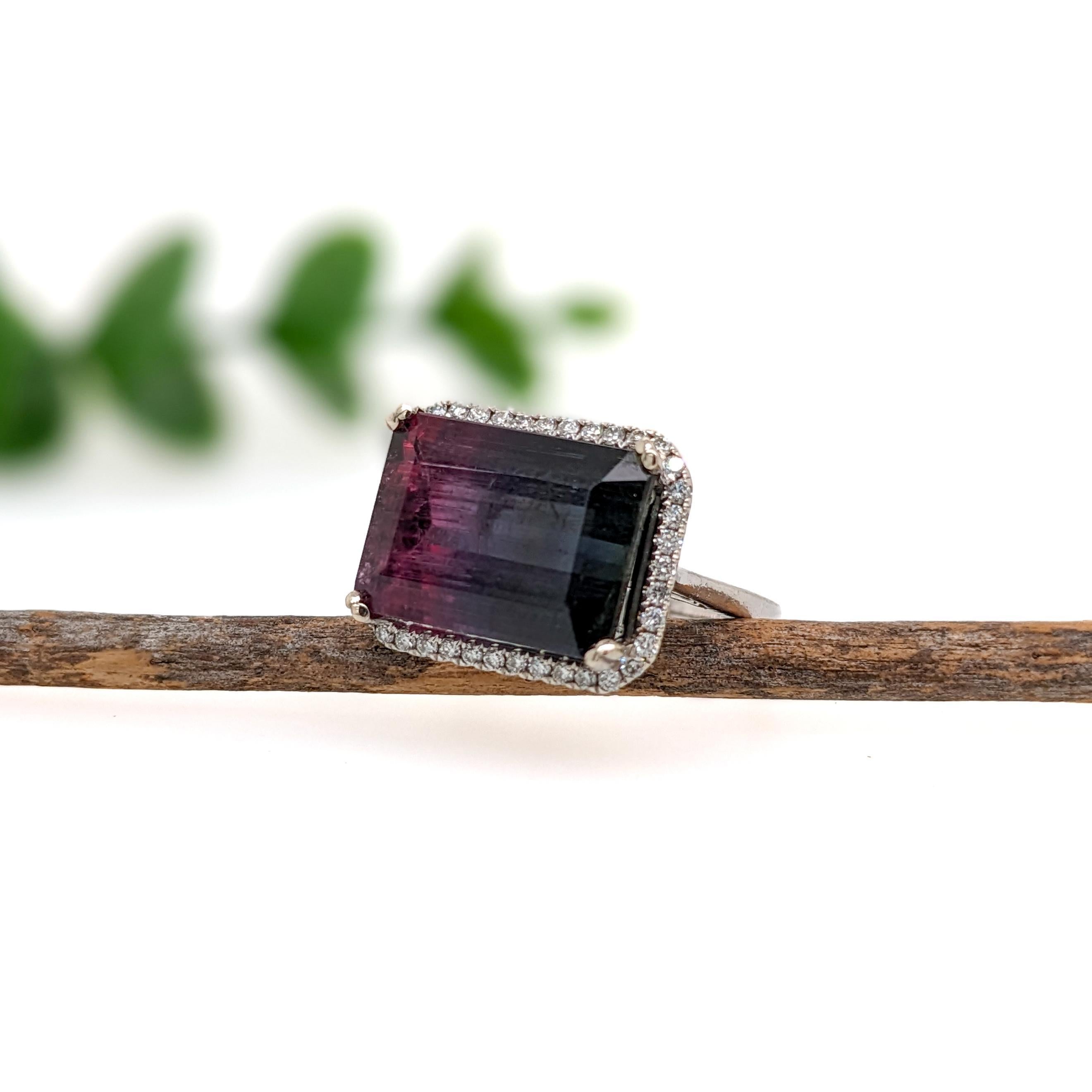 Emerald Cut 9.19ct Bi-Color Tourmaline Ring w Natural Diamond Halo in Solid 14k White gold For Sale