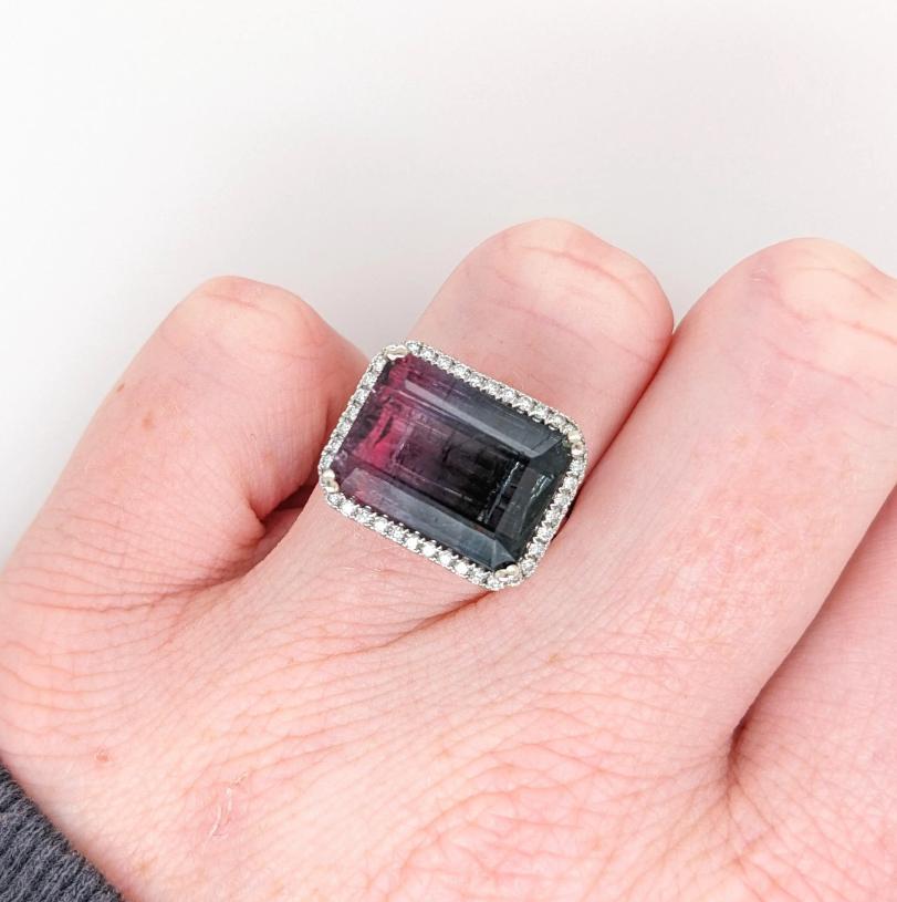 9.19ct Bi-Color Tourmaline Ring w Natural Diamond Halo in Solid 14k White gold For Sale 1