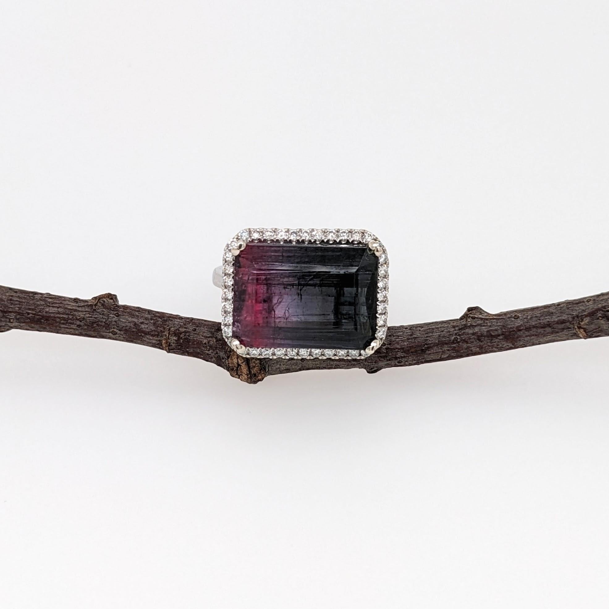 Gorgeous bi color tourmaline with rich pink/purple and black colors highlighted by a halo of sparkling diamonds. This ring make a great statement piece!

Specifications:

Item Type: Ring
Center Stone: Tourmaline
Treatment: None
Weight: 9.19ct
Head