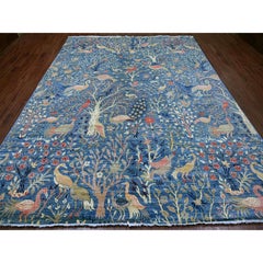9'1"x11'10" Blue Hand Knotted Peshawar with Birds of Paradise Design Wool Rug