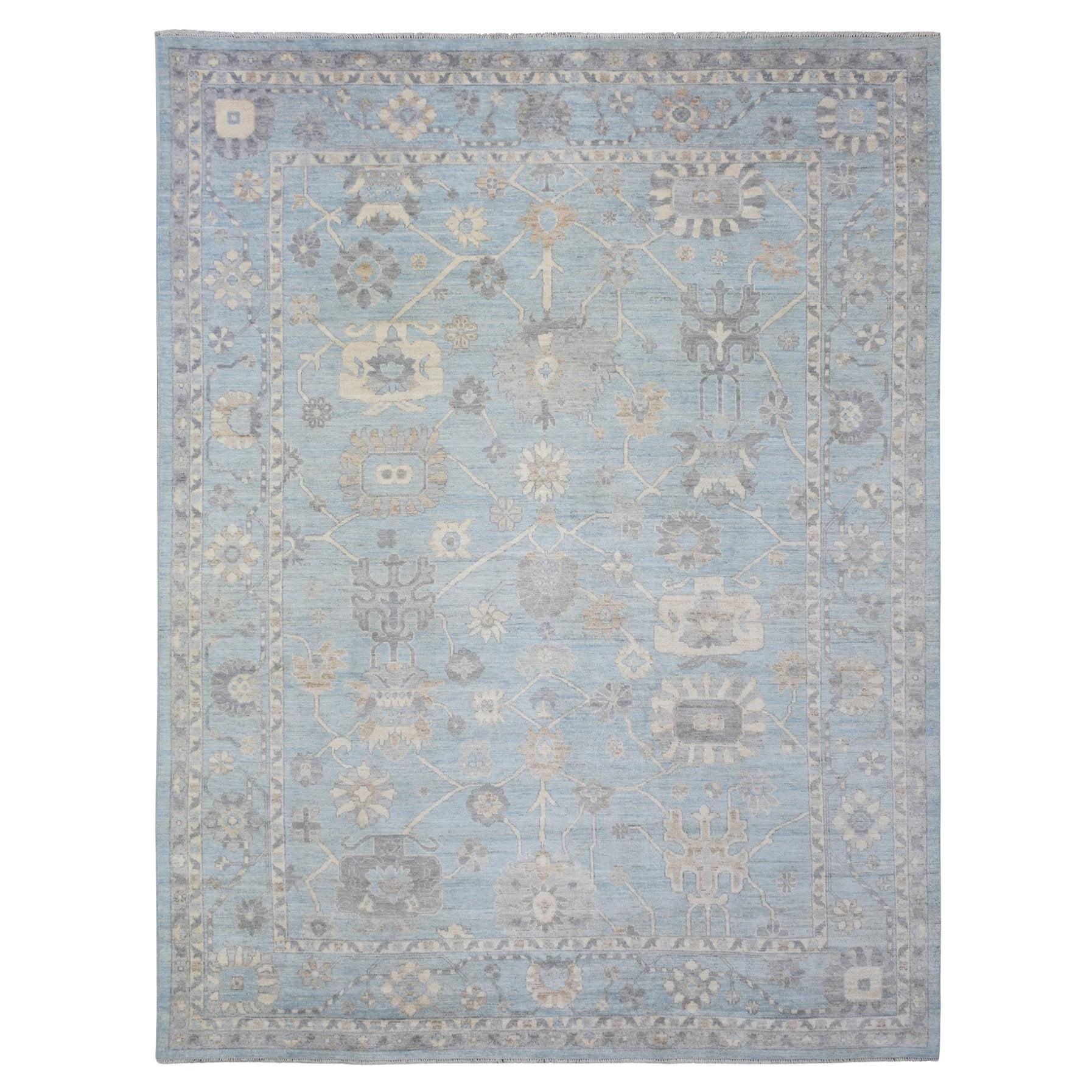 9'1"x11'10" Blue Wool Hand Knotted Afghan Oushak All Over Design Oriental Rug For Sale
