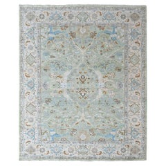 9'1"x11'10" Green Oushak with Floral Motifs Hand Knotted Pure Wool Oriental Rug