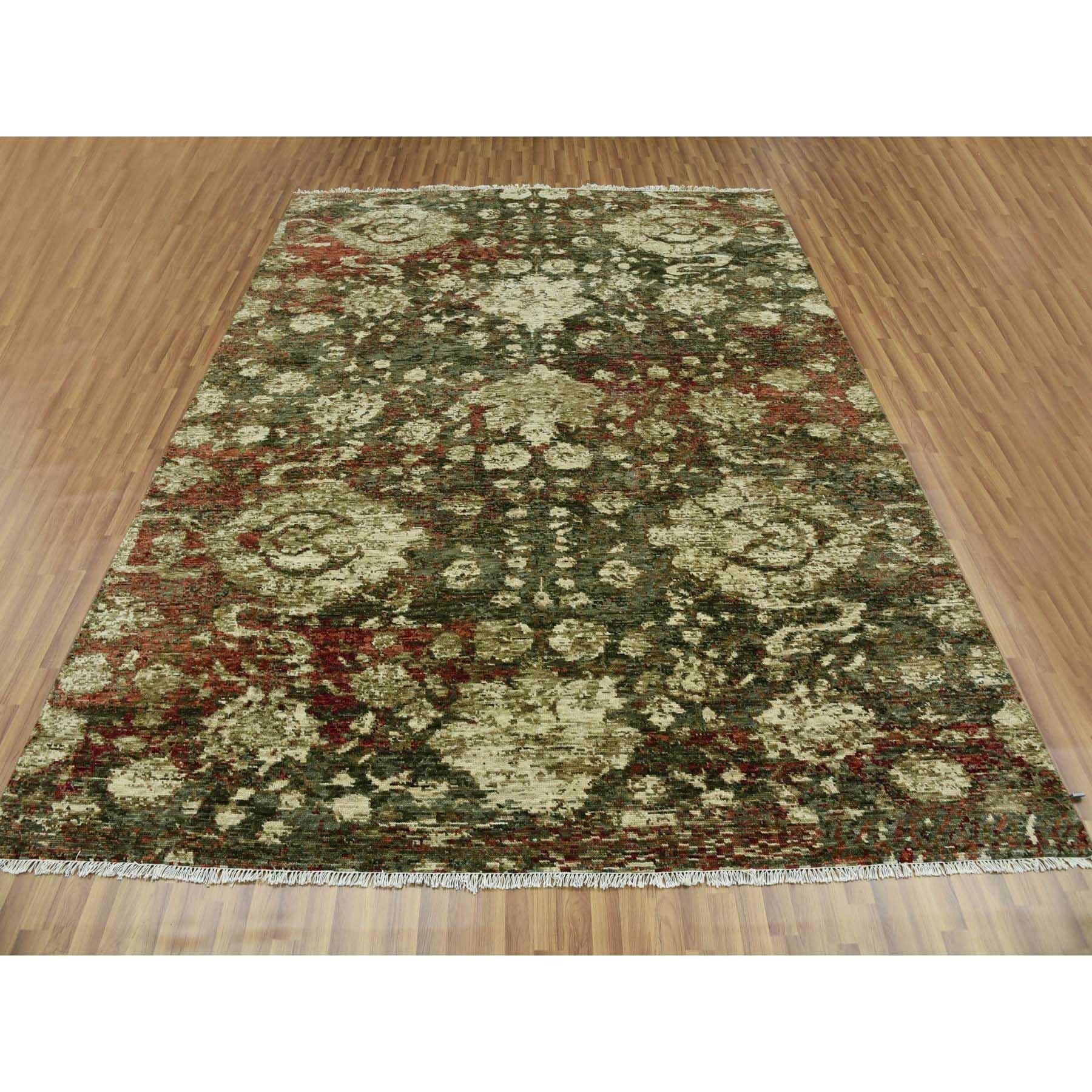 Green with Pop of Red, Abrash, Salt and Pepper, Persian Mahal Design, Soft 100% Wool, Hand Knotted, Oriental Rug
Primary materials: Wool
Latex: No Pile 
height: 0.25 Inches
Style: Contemporary
Primary color: Brown
Secondary colors: Red, Gray, Green,
