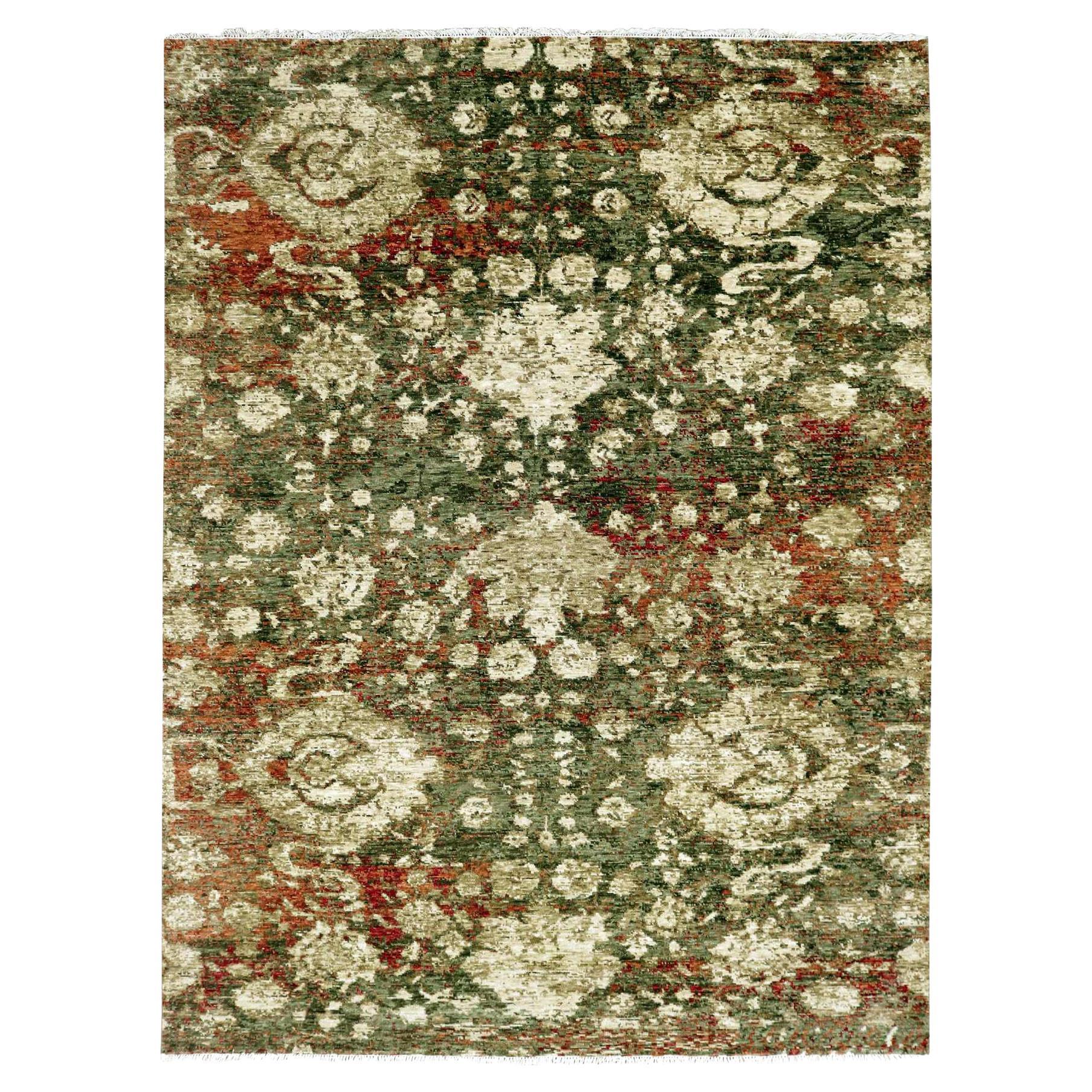 9'1"x11'10" Green with Red Hand Knotted Persian Mahal Design Abrash Wool Rug For Sale