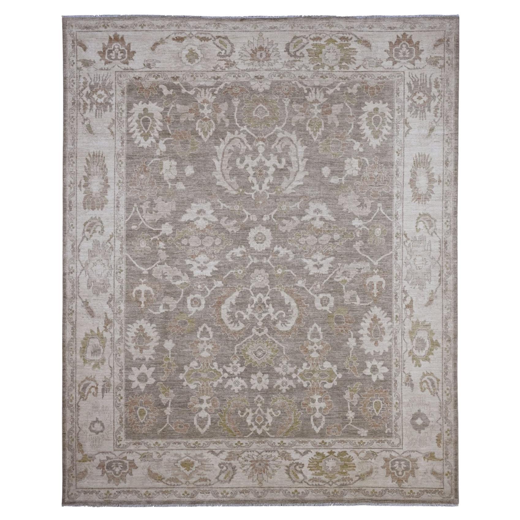 9'1 "x11'4" Brown Washed Out Peshawar Leaf Pattern 100% Wool Hand Knotted Rugs