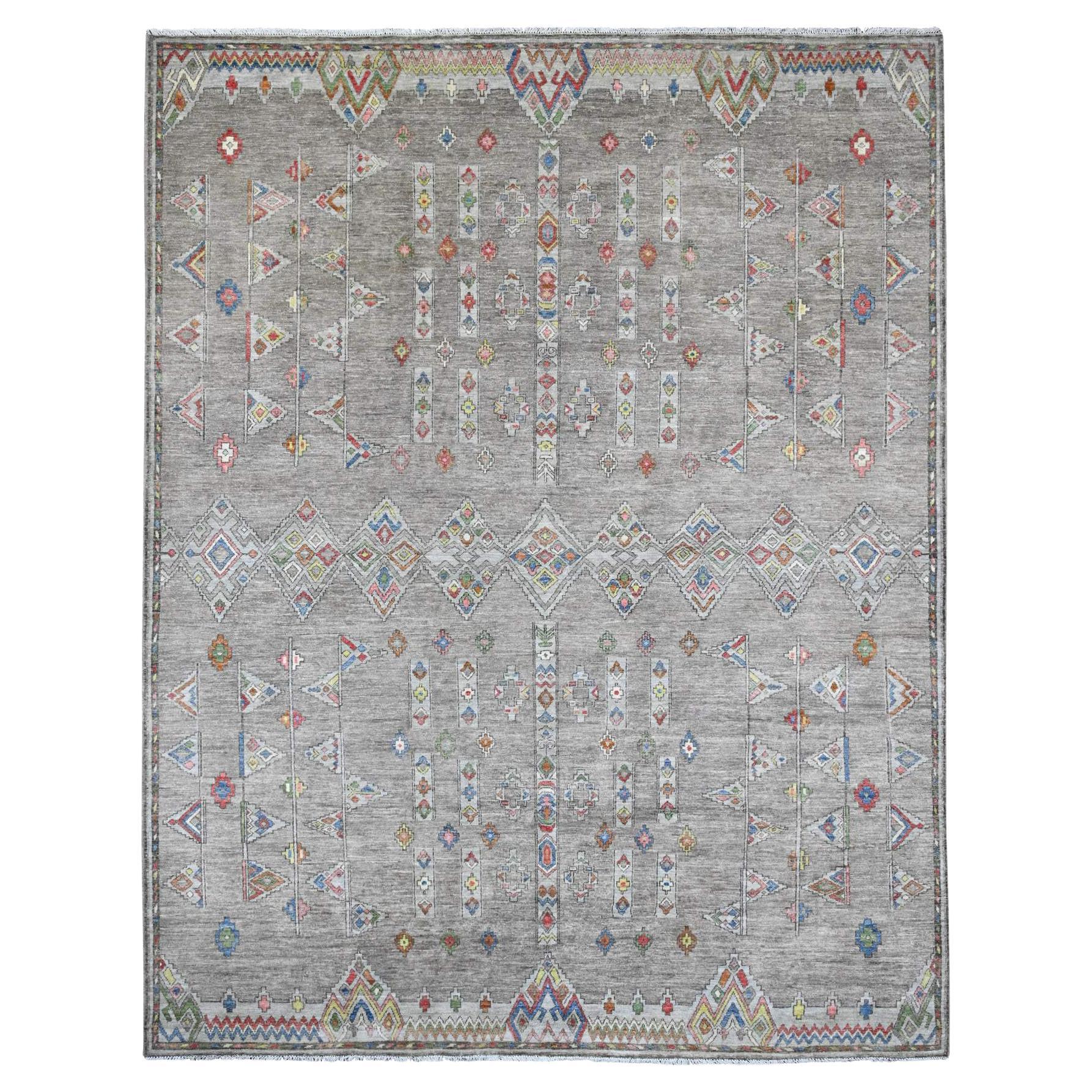 9'1"x11'5" Gray Moroccan Berber Influence Geometric Pattern Hand Made Wool Rug