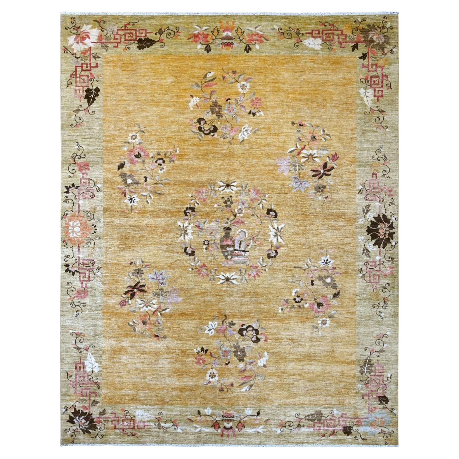 9'1 "x11'6" Brown Chinese Art Deco Inspired Peshawar Hand Knots Rugs en laine douce