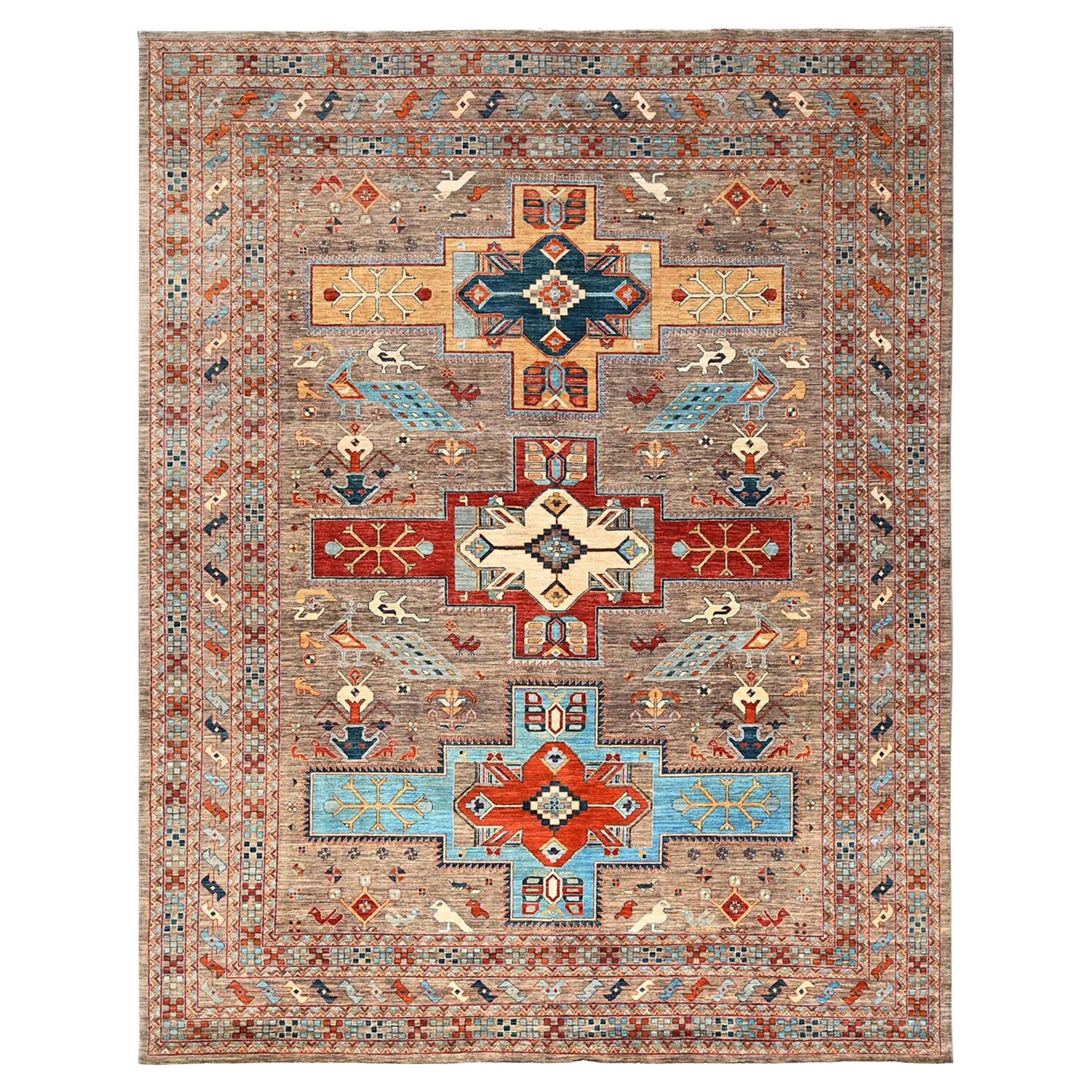 9'1"x11'6" Taupe Gray Armenian Inspired Caucasian Design Hand Knotted Wool Rug