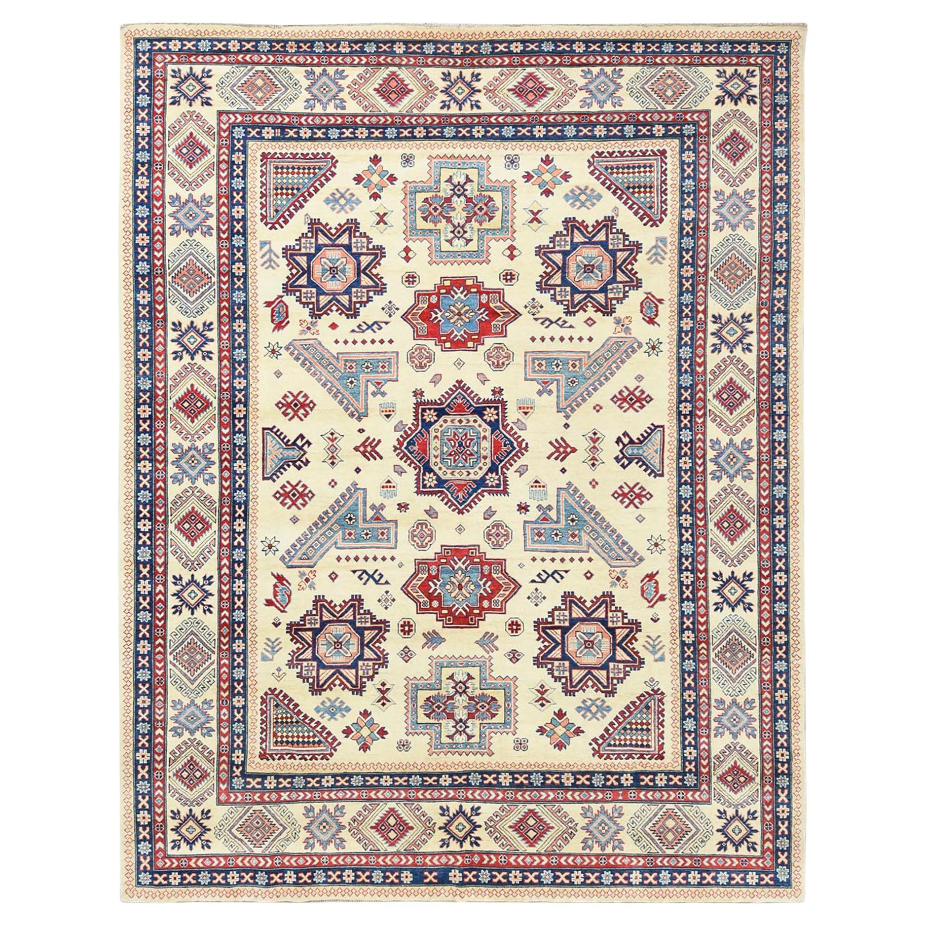 9'1"x11'7" Hand Knotted Ivory Afghan Special Kazak Natural Wool Oriental Rug