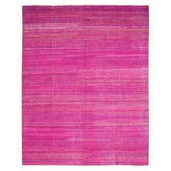 9'1"x11'7" Hot Pink Sari Silk Solid Design Kilim Flat Weave Hand Woven Rug