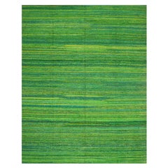 9'1'x11'8" Green Sari Silk Plain Design Kilim Flat Weave Hand Woven Oriental Rug