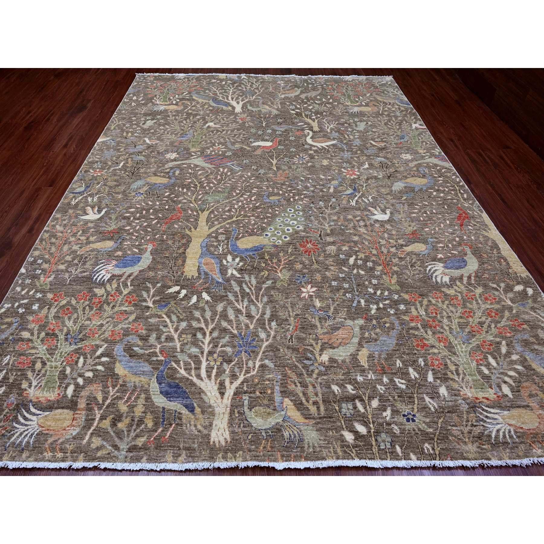 Cedar Brown, Afghan Peshawar avec motif d'oiseaux de paradis, laine douce, teintures végétales, noué à la main, tapis d'Orient
Matières premières : Laine
Latex : Pas de poils 
hauteur : 0,25 pouces
Style : Transitionnel
Couleur primaire :