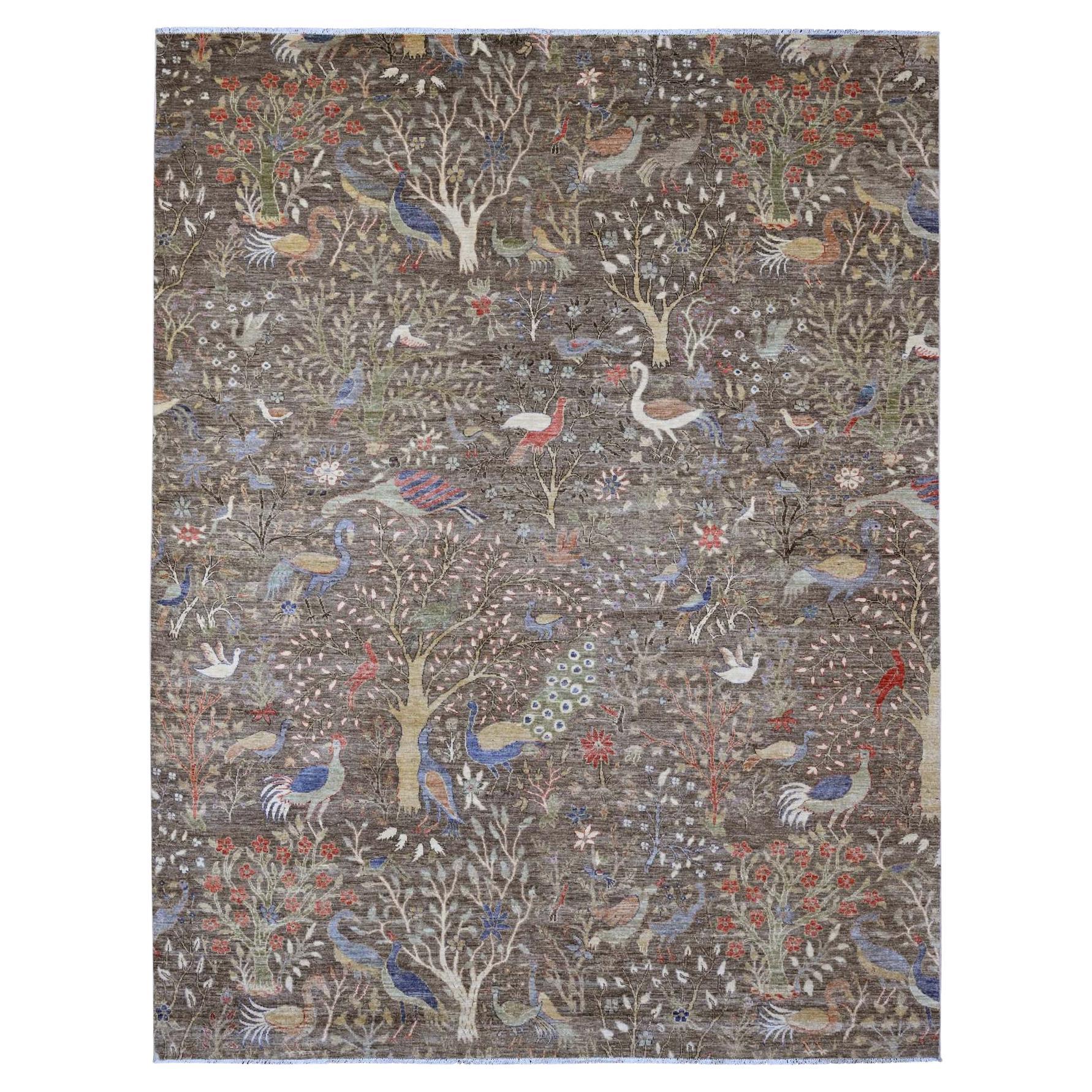 9'1"x11'9" Brown Peshawar Birds of Paradise Design Soft Wool Hand Knotted Rug