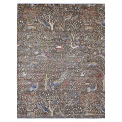 9'1"x11'9" Brown Peshawar Birds of Paradise Design Soft Wool Hand Knotted Rug