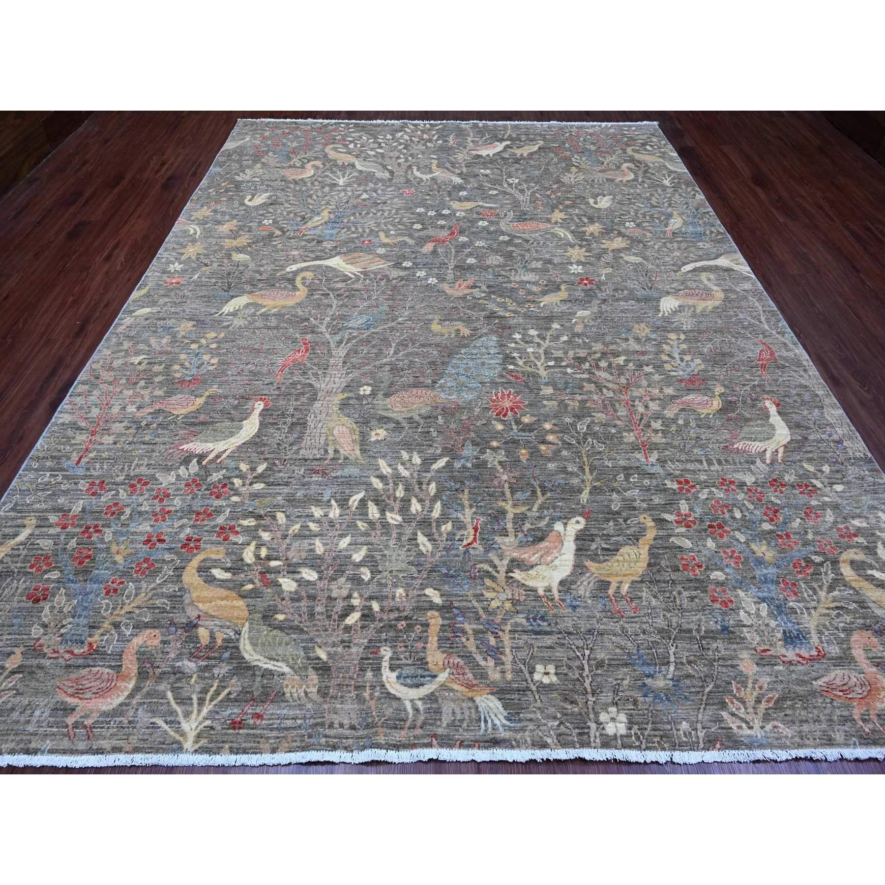 Nickel Gray, Afghan Peshawar with Birds of Paradise Design, Hand Knotted, Soft Wool, Vegetable Dyes, Oriental Rug
Primary materials: Wool
Latex: No Pile 
height: 0.25 Inches
Style: Transitional
Primary color: Grey 
Secondary colors: Red, Brown,
