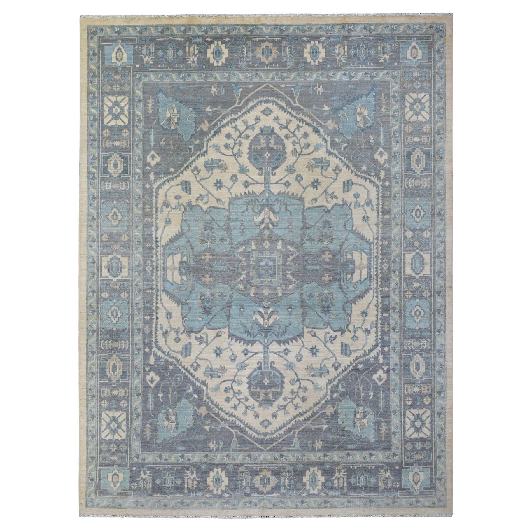 9'1"x11'9" Ivory Hand Knotted Heriz Serapi Fine Peshawar Afghan Wool Rug