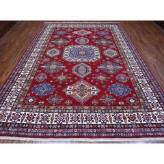 9'1"x11'9" Red Afghan Super Kazak Medallions Design Hand Knotted Pure Wool Rug