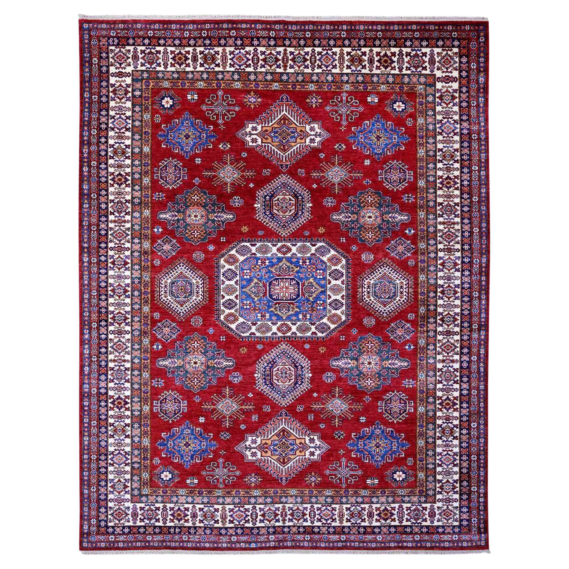 9'1 "x11'9" Rouge Afghan Super Kazak Medallions Design Noué à la main Pure Wool Rug en vente