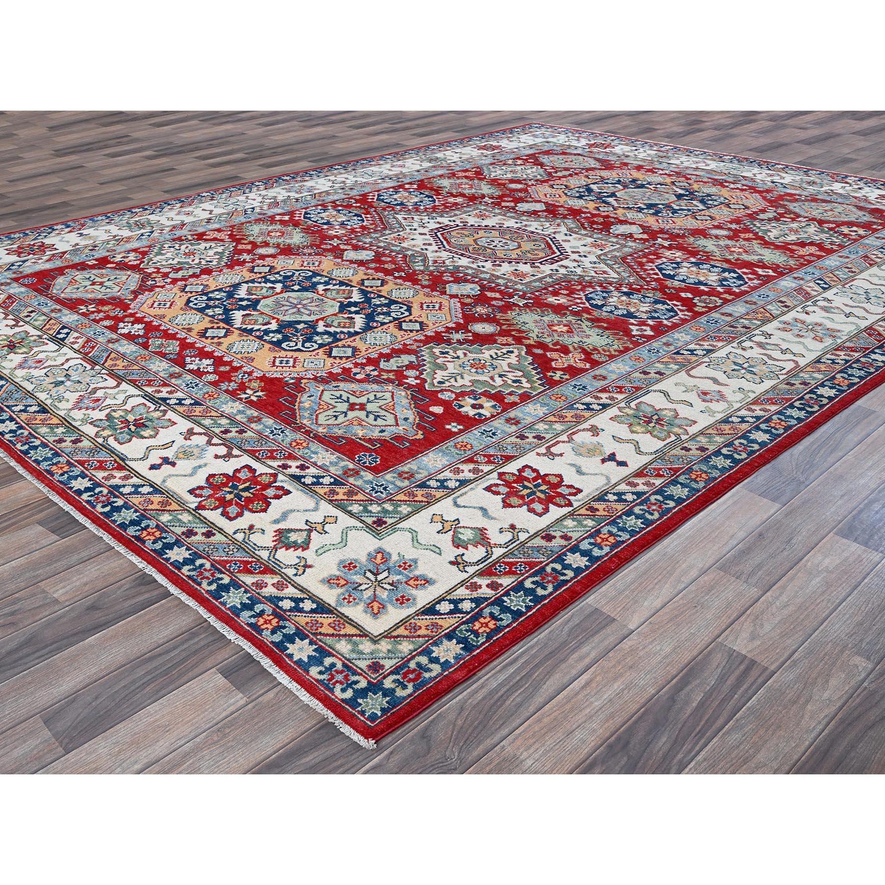 Afghan Tapis en laine douce noué à la main rouge Kazak avec médaillons géométriques 9'1