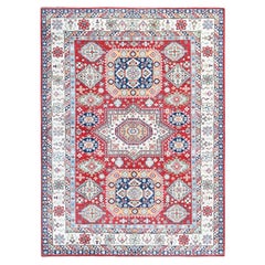 Tapis en laine douce noué à la main rouge Kazak avec médaillons géométriques 9'1"x11'9"