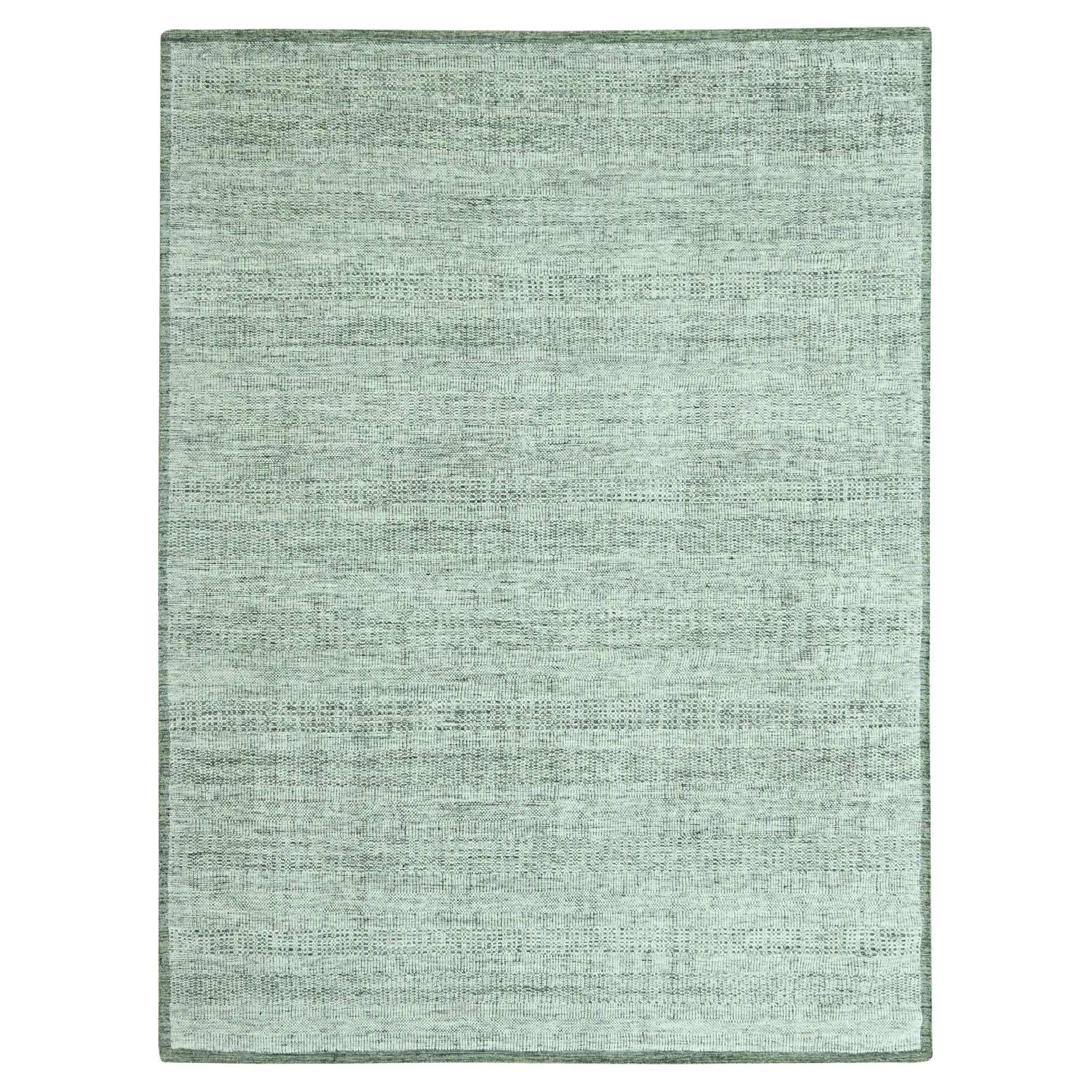 9'1"x12' Basil Green Hand Knotted Oxidized and Distressed Grass Design Wool Rug