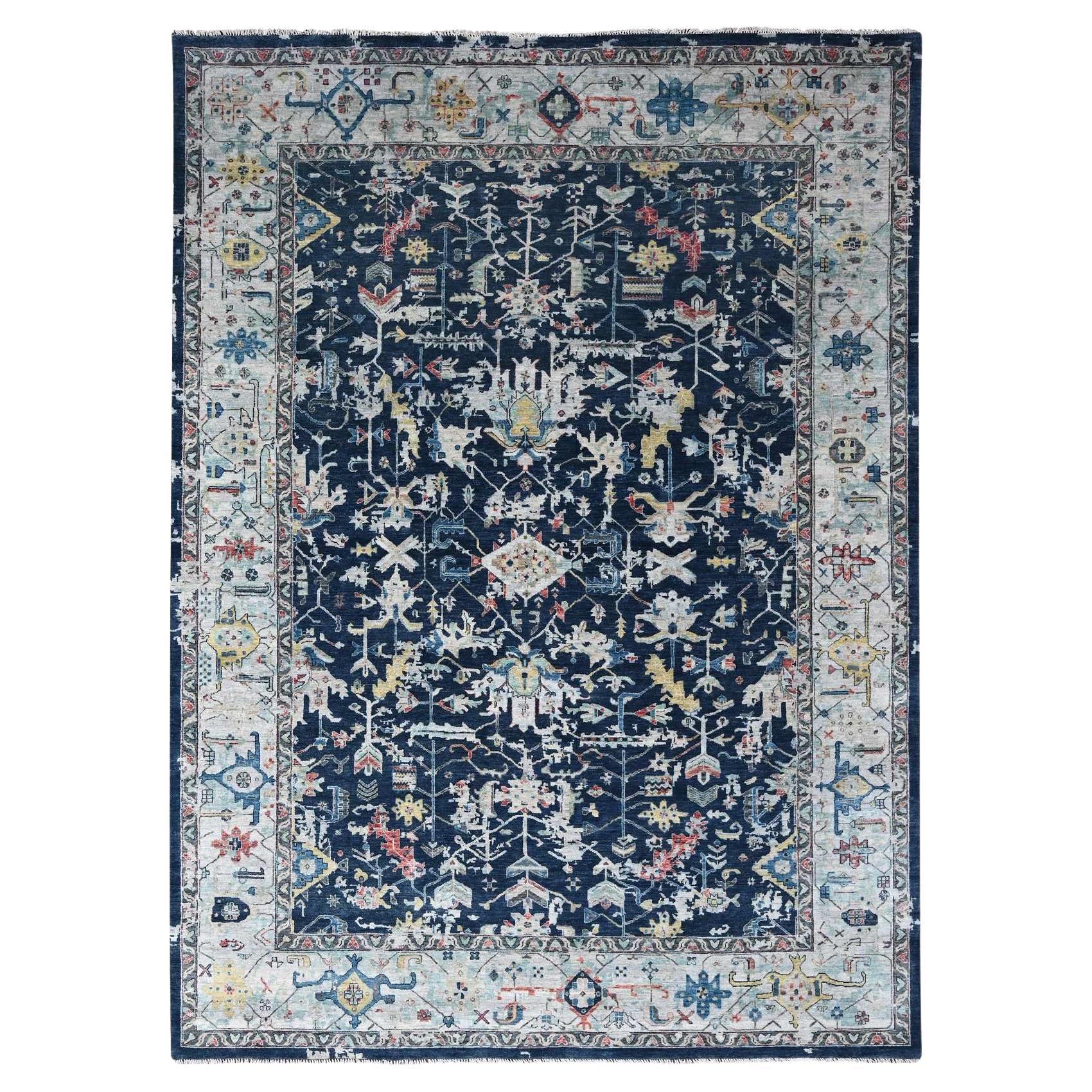 9'1"x12' Blue Broken Erased Persian Heriz All Over Design Hand Knotted Wool Rug For Sale