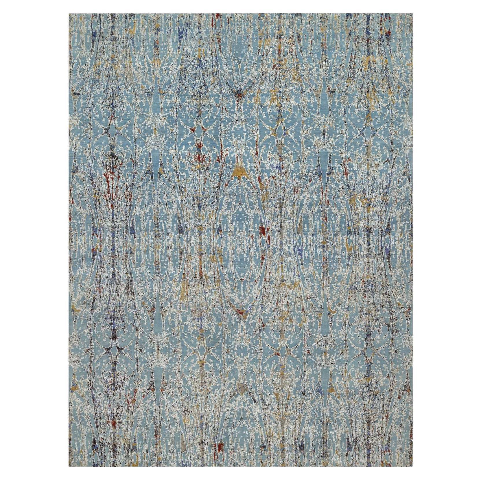 9'1 "x12' Blu Moderno con Design Canna di Bambù Tappeto in Lana e Seta Annodato a Mano in vendita