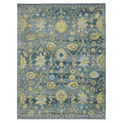 9'1"x12' Blue Trellis Garden Design with Floral Elements Hand Knotted Wool Rug