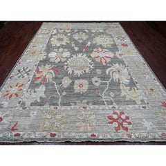 9'1 "x12' Charcoal Gray Afghan Angora Oushak Leaf Design Hand Knotted Wool Rug