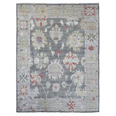 9'1 "x12' Charcoal Gray Afghan Angora Oushak Leaf Design Hand Knotted Wool Rug