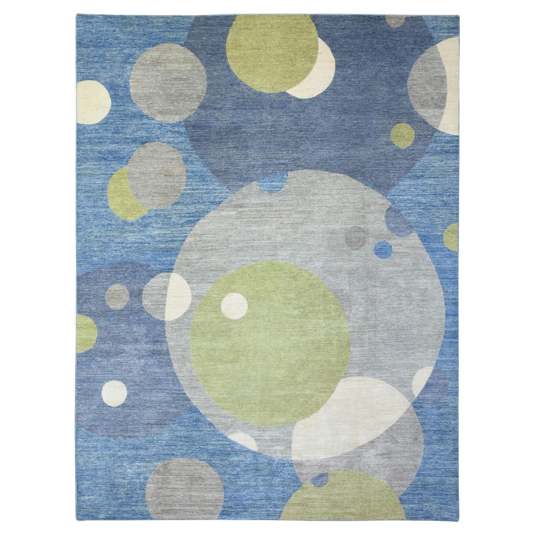 9'1"x12' Colorful, Modern The Circles Design, Soft Wool Hand Knotted Rug