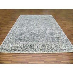 9'1"x12' Ghost White, Hand Knotted, Mamluk Dynasty Design, Undyed 100% Wool Rug