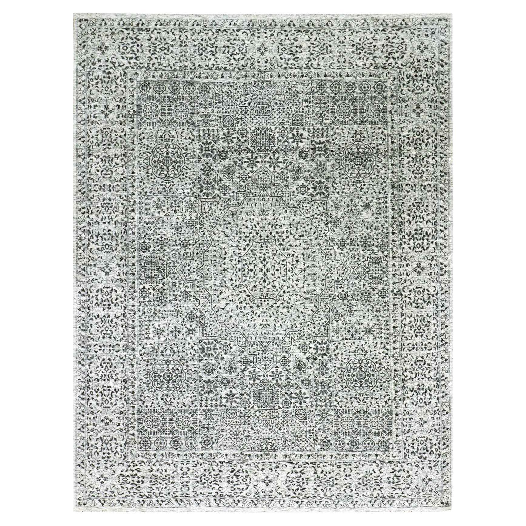 9'1"x12' Ghost White, Hand Knotted, Mamluk Dynasty Design, Undyed 100% Wool Rug