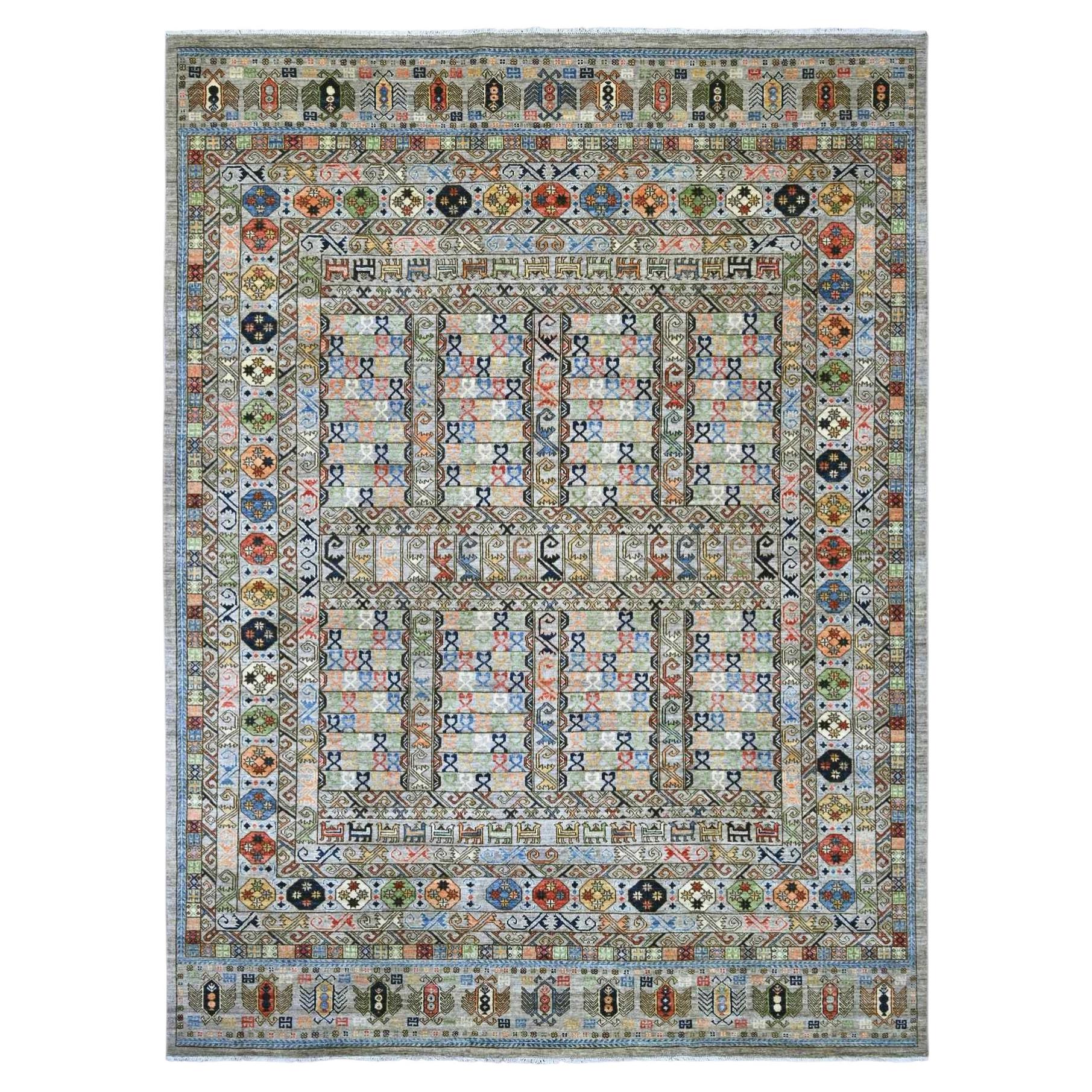 9'1"x12' Gray Afghan Ersari with Hutchlu Design Hand Knotted Wool Oriental Rug For Sale