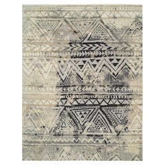 9'1"x12' Gray, Erased Ethnic Geometric Design, Pure Wool Hand Knotted Rug