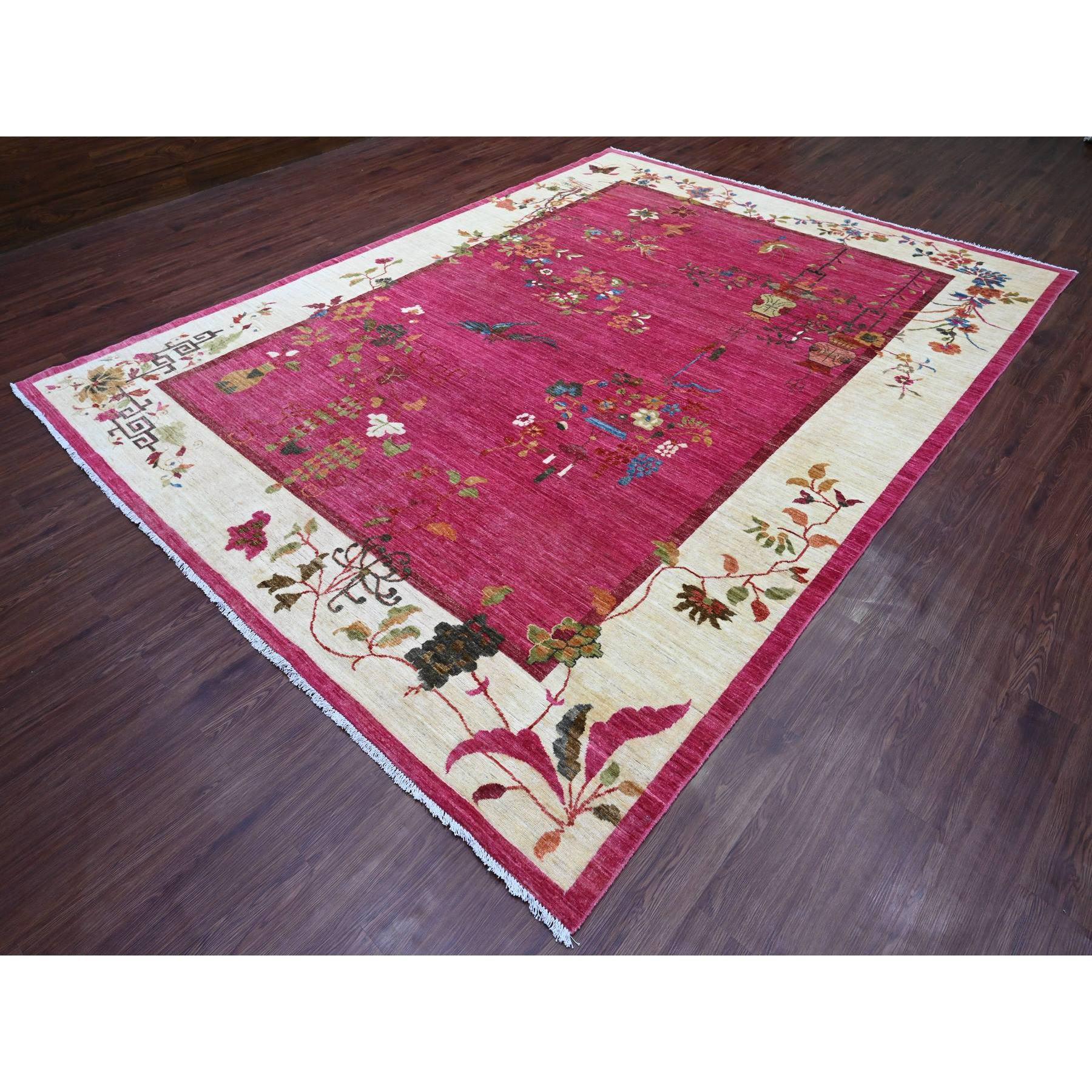 Alfombra Anudada a Mano Peshawar Inspirada en el Art Decó Chino de Pura Lana Rosa Caliente de 9'1 
