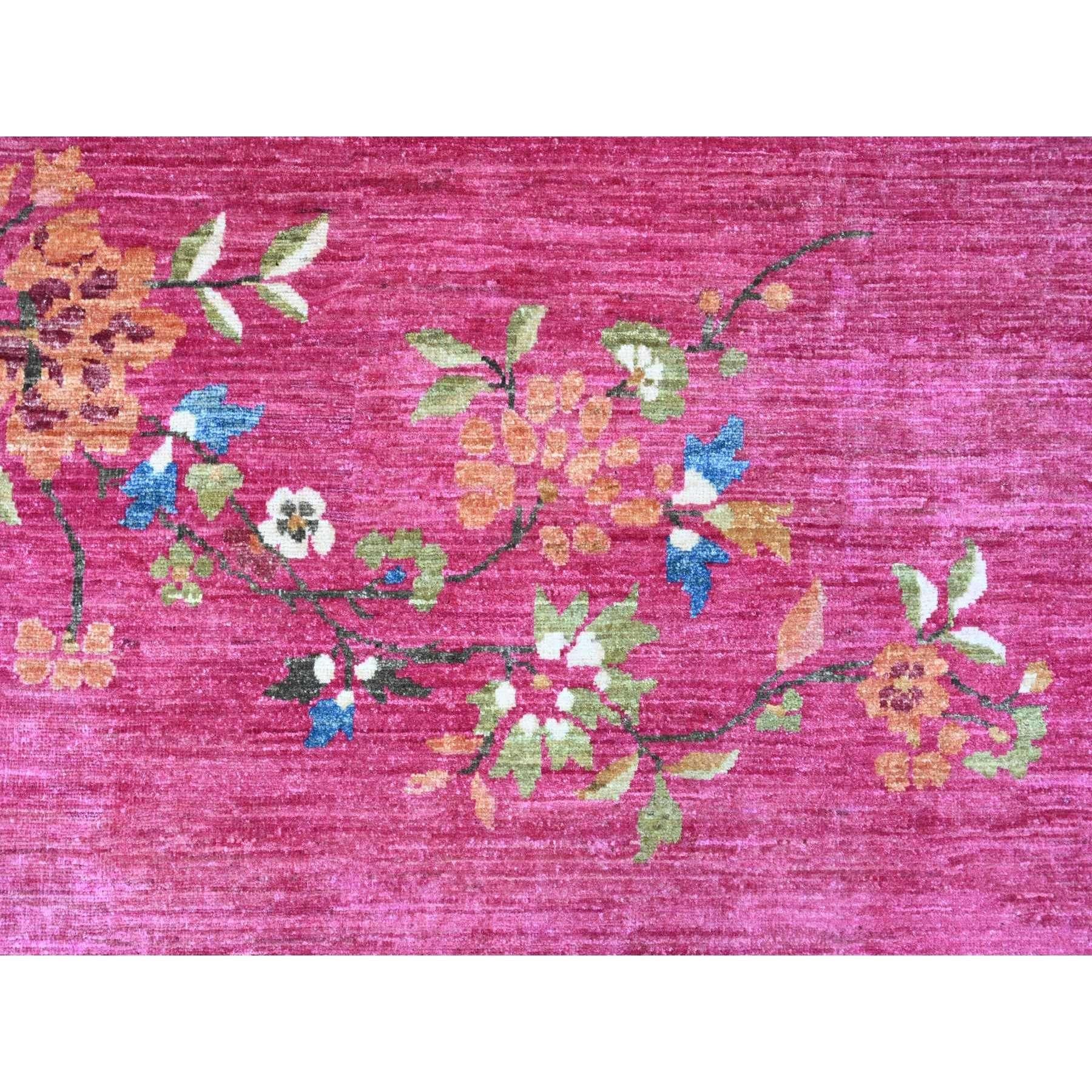 Alfombra Anudada a Mano Peshawar Inspirada en el Art Decó Chino de Pura Lana Rosa Caliente de 9'1 