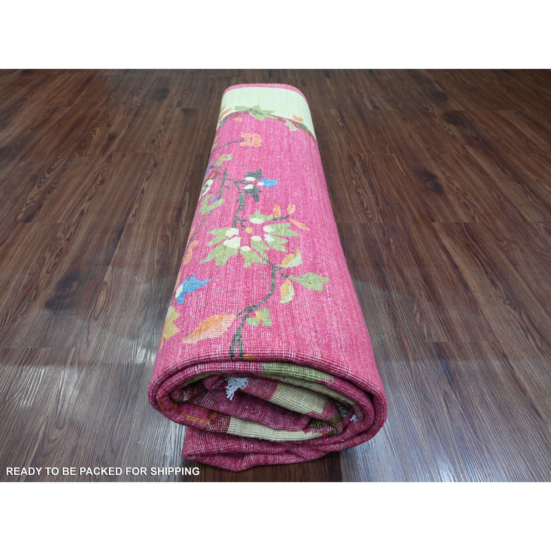 Alfombra Anudada a Mano Peshawar Inspirada en el Art Decó Chino de Pura Lana Rosa Caliente de 9'1 