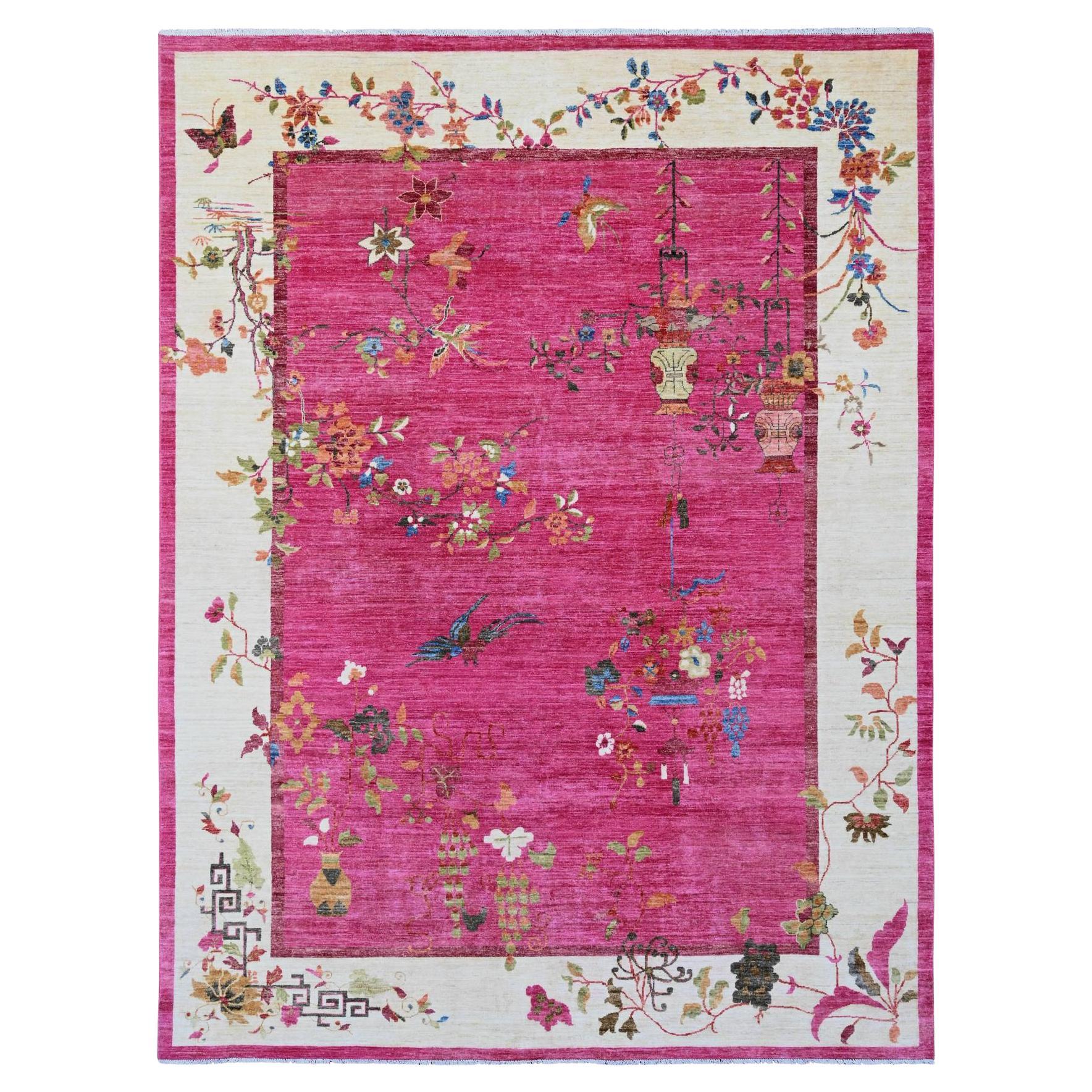 9'1 "x12' Rose vif Pure laine chinoise d'inspiration art déco Peshawar Rugs noué à la main