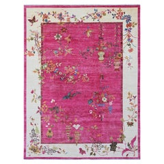 9'1"x12' Hot Pink Pure Wool Chinese Art Deco Inspired Peshawar Hand Knotted Rug