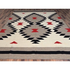 9'1"x12' Ivory-Brown Flat Weave Southwest Geometric Design Hand Woven Wool Rug